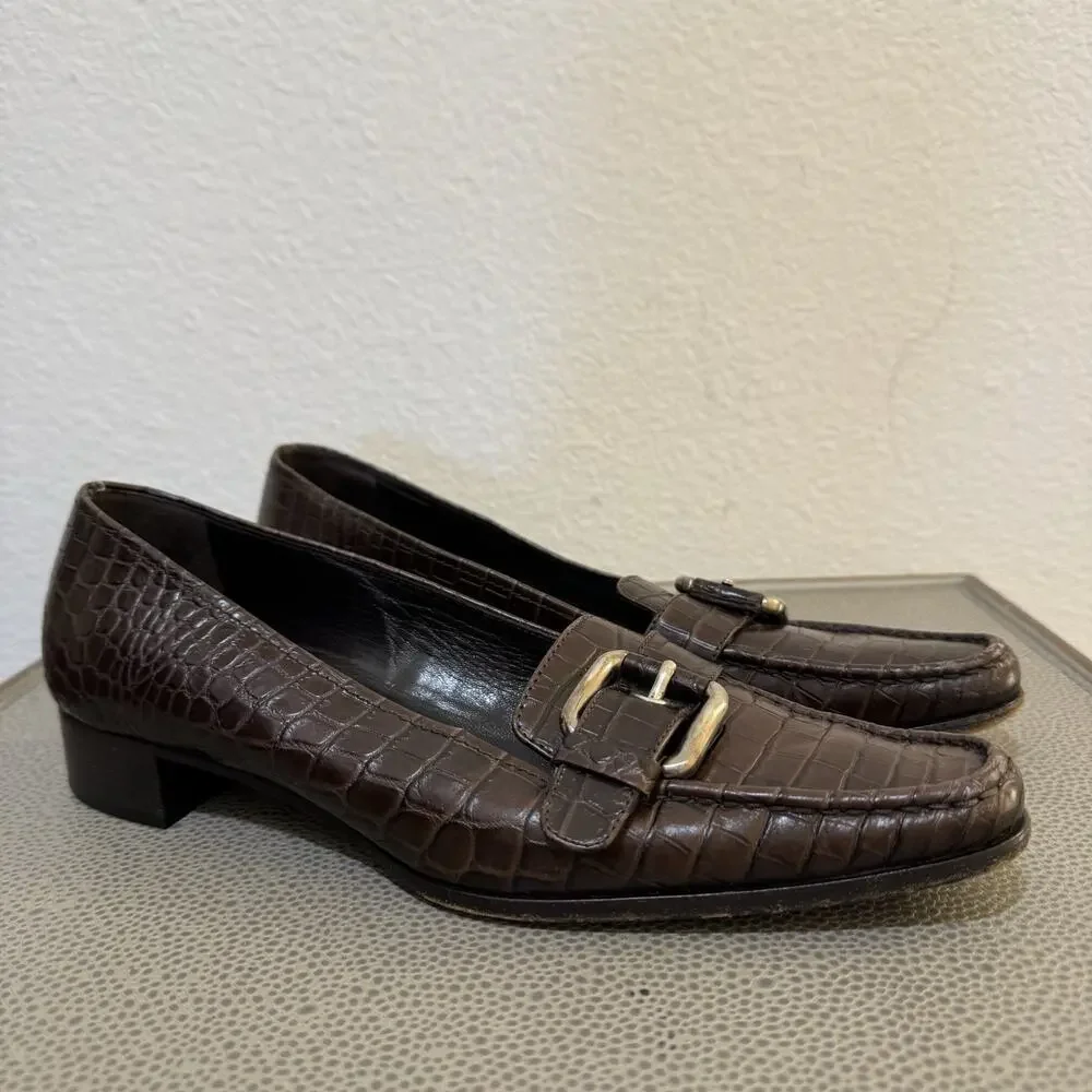 Prada 90s Y2K VTG Brown Croc Pattern Buckle Kitten Heels Pumps Shoes 37.5 7.5